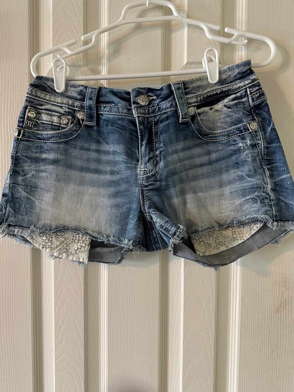 Miss Me Light Blue Distressed Denim Lace-Trim Shorts